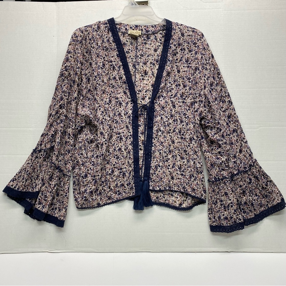 Anthropologie Nalini Floral Tassel Tie Kimono Navy Pink Shimmer One Size Boho